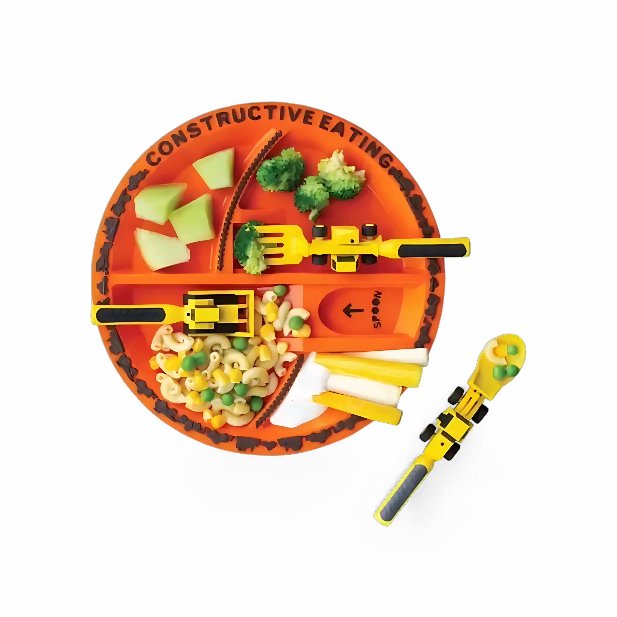 Close-up das alças antiderrapantes dos talheres infantis de construção.