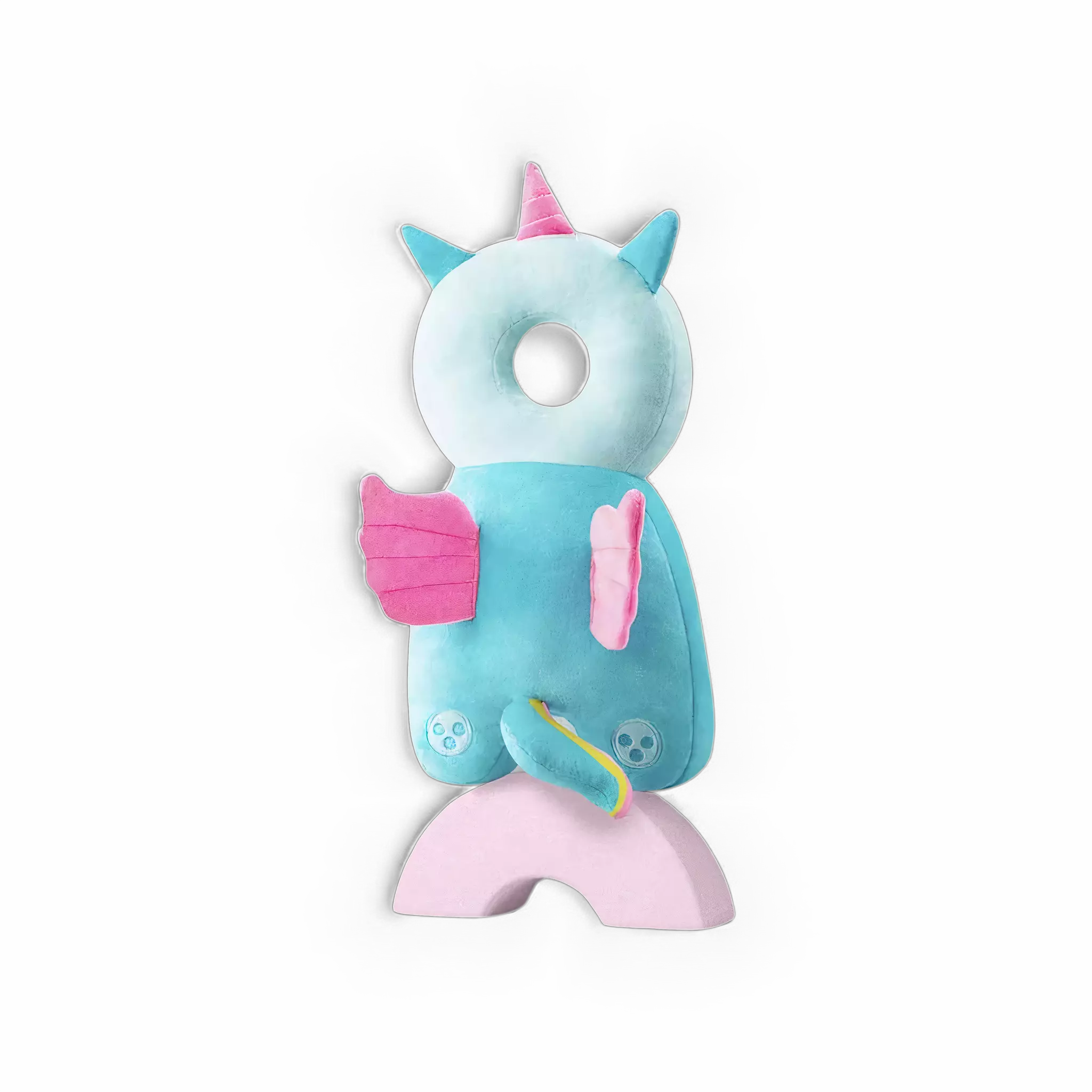 Mochila almofada para bebês em cores vibrantes e design divertido.