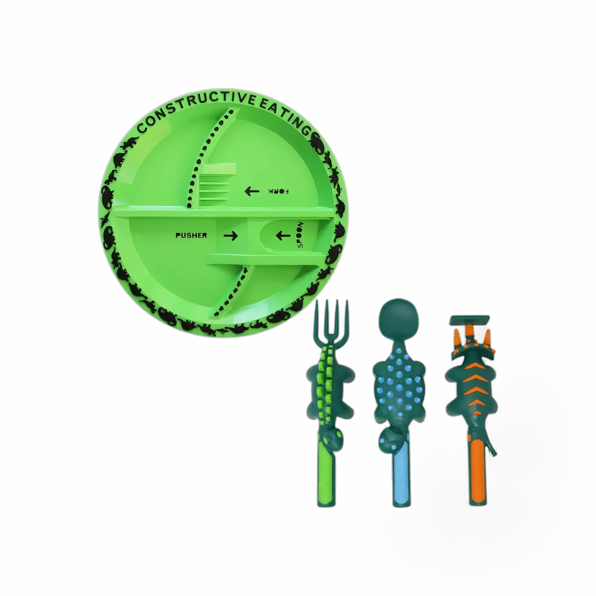 Vista detalhada dos utensílios infantis em forma de veículos de construção.