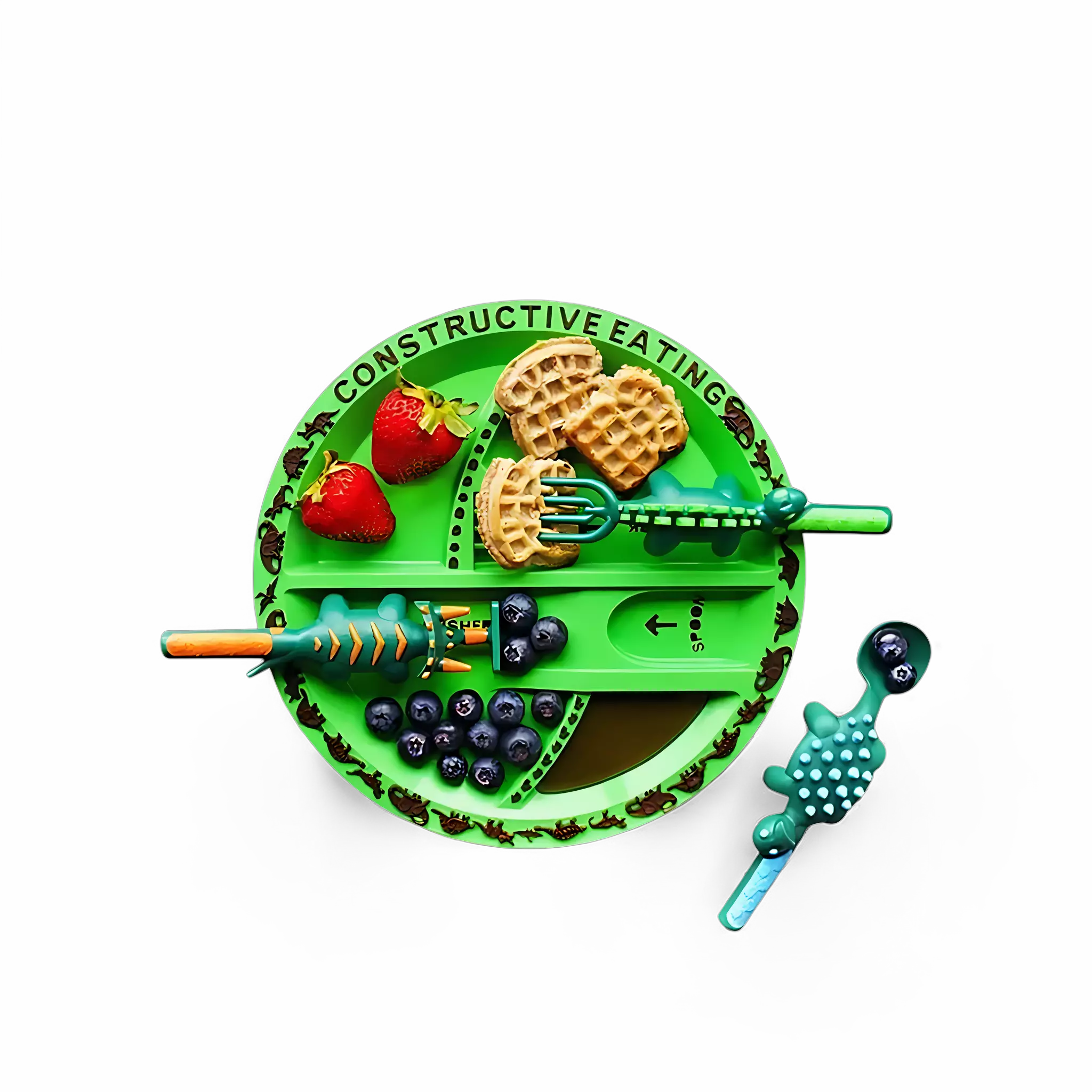 Kit de utensílios interativos disposto ao lado de alimentos saudáveis.